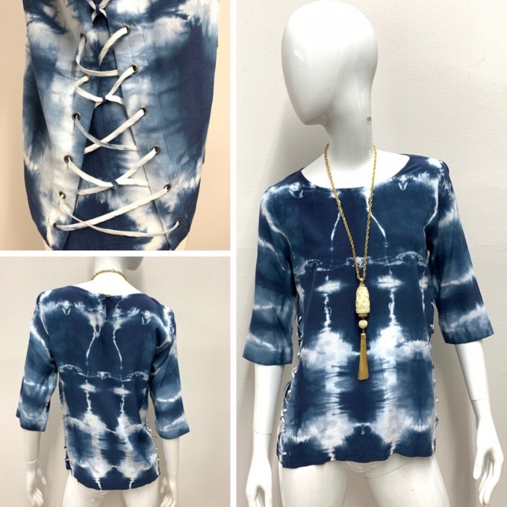 Gypsy 05 || Blue/White Silk Tie Dye SideTie Blouse